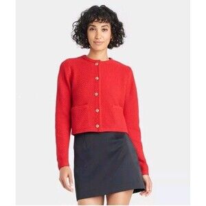 A New Day NWT 3X Red Ribbed Knit Cuff Gold Button-Front Lady Cardigan Sweater